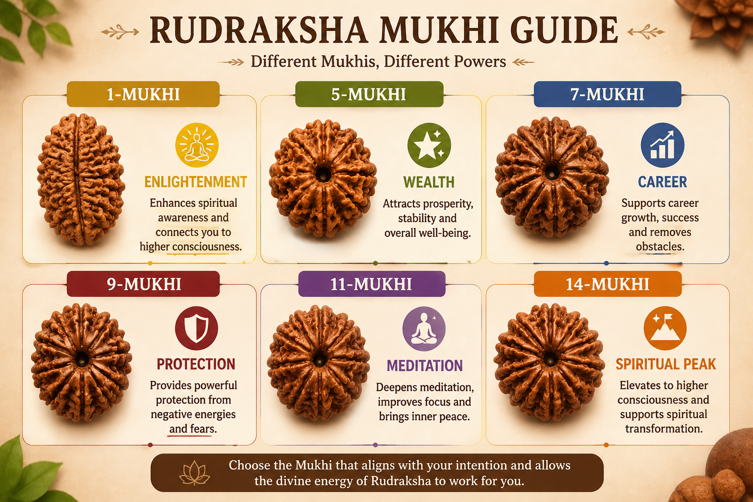 Rudraksha mukhi types guide - 5 mukhi 7 mukhi 11 mukhi benefits
